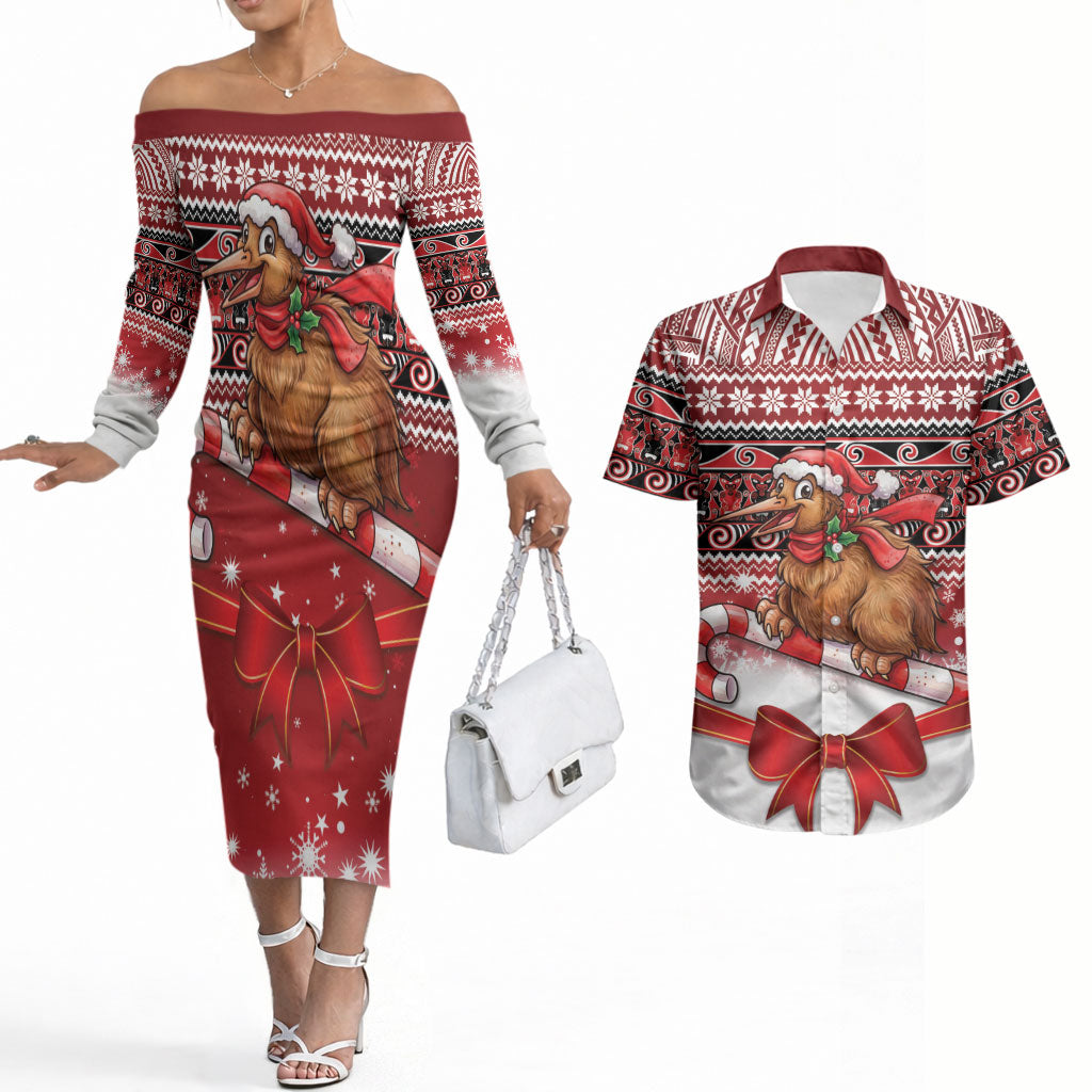 New Zealand Kiwi Bird Christmas Couples Matching Off The Shoulder Long Sleeve Dress and Hawaiian Shirt Maori Inspired Knitted Patterns