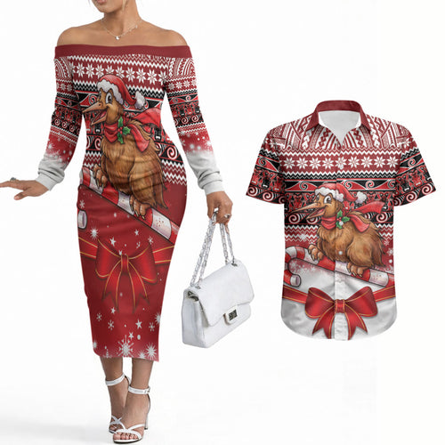 New Zealand Kiwi Bird Christmas Couples Matching Off The Shoulder Long Sleeve Dress and Hawaiian Shirt Maori Inspired Knitted Patterns