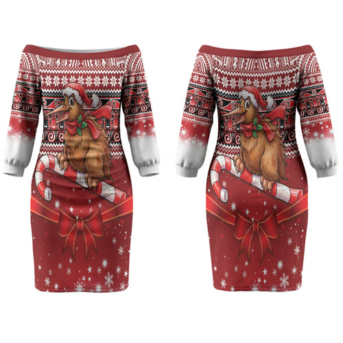 New Zealand Kiwi Bird Christmas Couples Matching Off The Shoulder Long Sleeve Dress and Hawaiian Shirt Maori Inspired Knitted Patterns