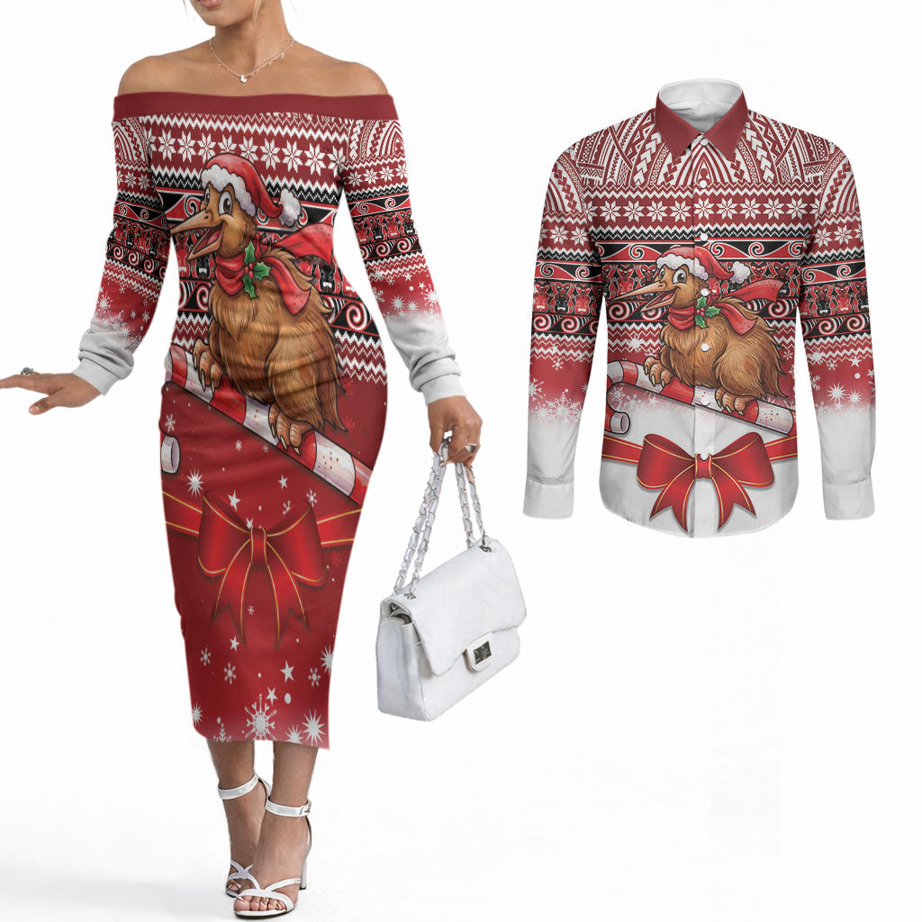 New Zealand Kiwi Bird Christmas Couples Matching Off The Shoulder Long Sleeve Dress and Long Sleeve Button Shirt Maori Inspired Knitted Patterns