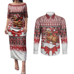 New Zealand Kiwi Bird Christmas Couples Matching Puletasi and Long Sleeve Button Shirt Maori Inspired Knitted Patterns