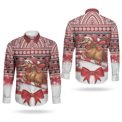New Zealand Kiwi Bird Christmas Couples Matching Puletasi and Long Sleeve Button Shirt Maori Inspired Knitted Patterns
