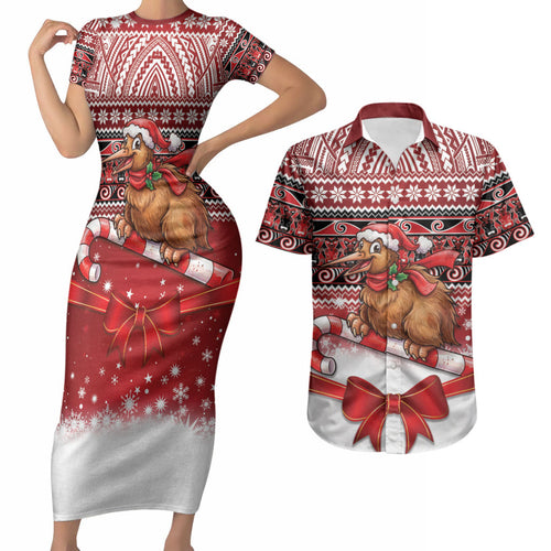 New Zealand Kiwi Bird Christmas Couples Matching Short Sleeve Bodycon Dress and Hawaiian Shirt Maori Inspired Knitted Patterns