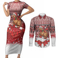 New Zealand Kiwi Bird Christmas Couples Matching Short Sleeve Bodycon Dress and Long Sleeve Button Shirt Maori Inspired Knitted Patterns