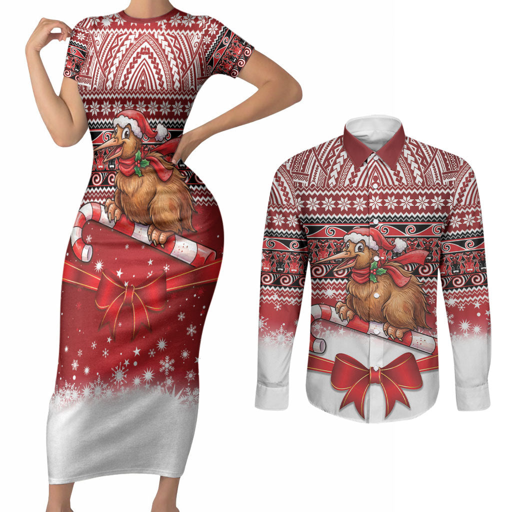 New Zealand Kiwi Bird Christmas Couples Matching Short Sleeve Bodycon Dress and Long Sleeve Button Shirt Maori Inspired Knitted Patterns