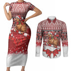 New Zealand Kiwi Bird Christmas Couples Matching Short Sleeve Bodycon Dress and Long Sleeve Button Shirt Maori Inspired Knitted Patterns