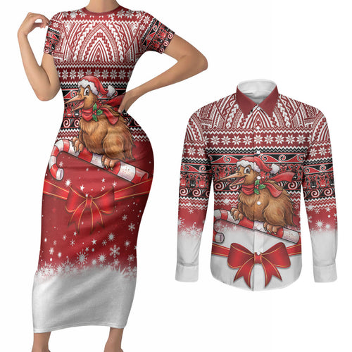 New Zealand Kiwi Bird Christmas Couples Matching Short Sleeve Bodycon Dress and Long Sleeve Button Shirt Maori Inspired Knitted Patterns
