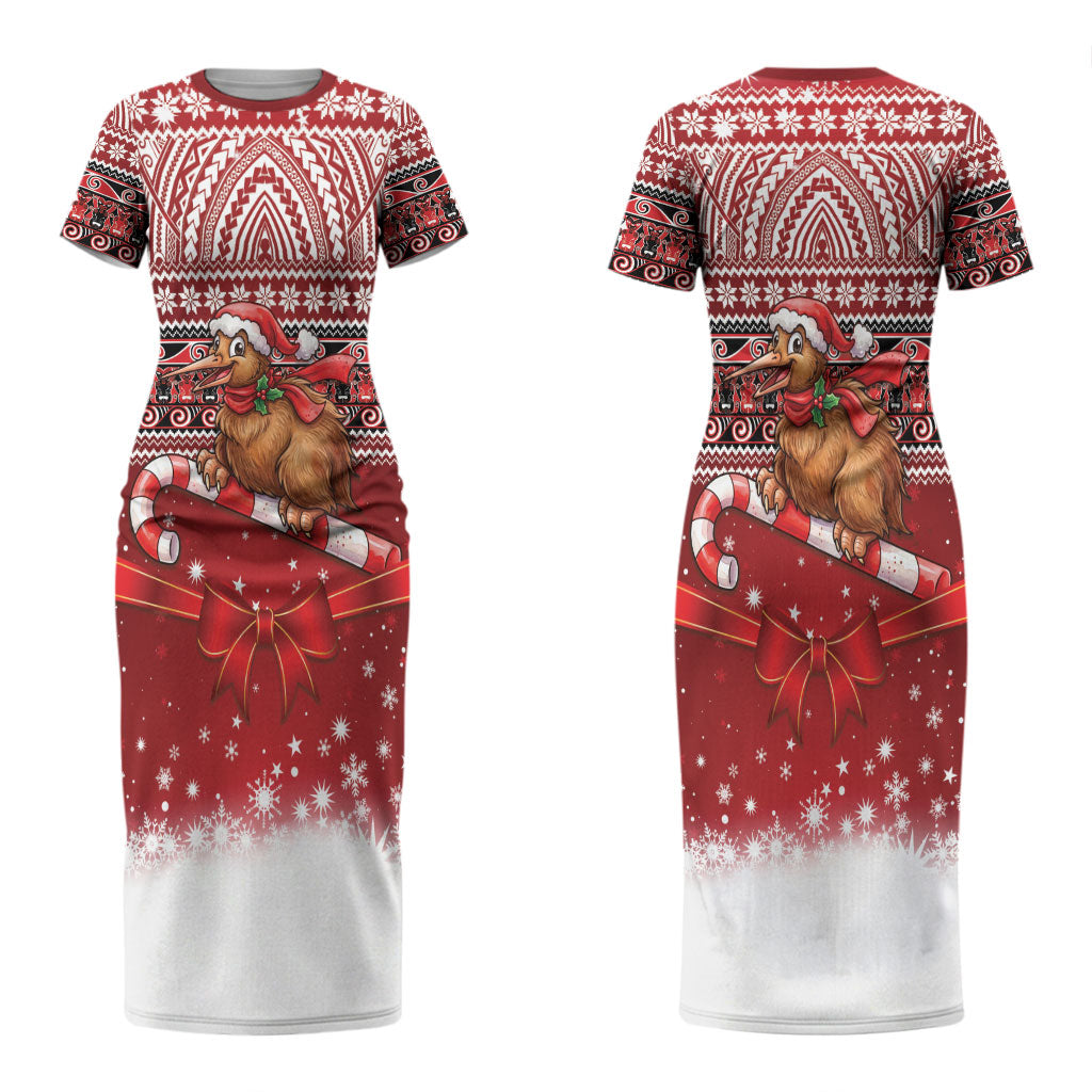 New Zealand Kiwi Bird Christmas Couples Matching Short Sleeve Bodycon Dress and Long Sleeve Button Shirt Maori Inspired Knitted Patterns