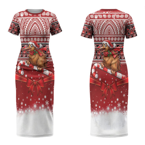 New Zealand Kiwi Bird Christmas Couples Matching Short Sleeve Bodycon Dress and Long Sleeve Button Shirt Maori Inspired Knitted Patterns