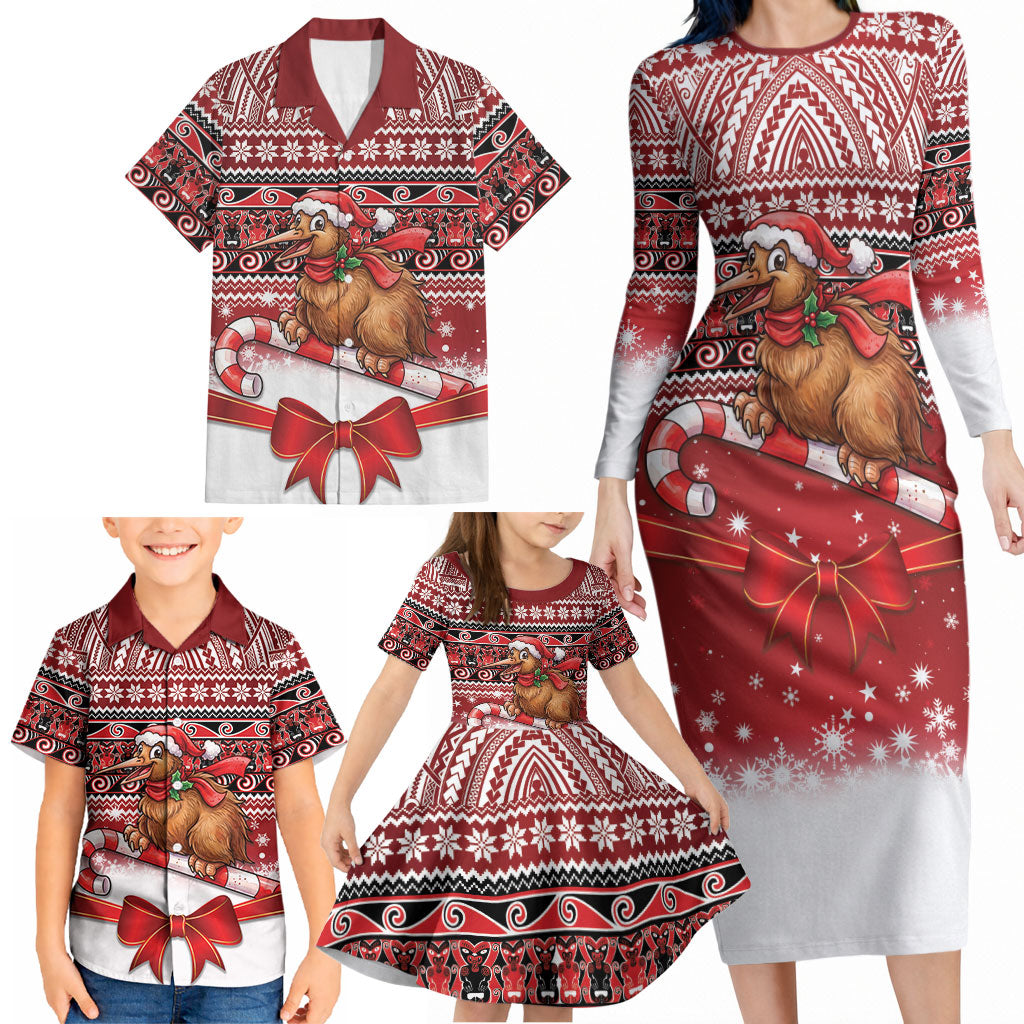 New Zealand Kiwi Bird Christmas Family Matching Long Sleeve Bodycon Dress and Hawaiian Shirt Maori Inspired Knitted Patterns