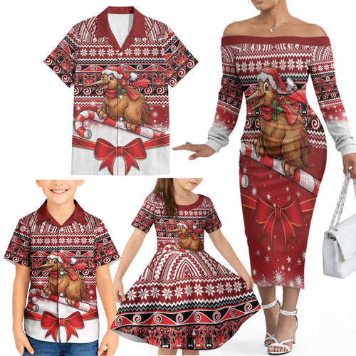 New Zealand Kiwi Bird Christmas Family Matching Off The Shoulder Long Sleeve Dress and Hawaiian Shirt Maori Inspired Knitted Patterns