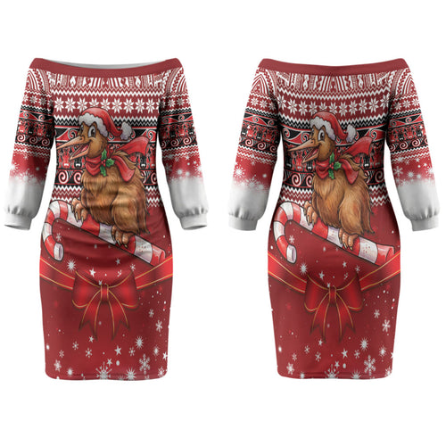 New Zealand Kiwi Bird Christmas Family Matching Off The Shoulder Long Sleeve Dress and Hawaiian Shirt Maori Inspired Knitted Patterns