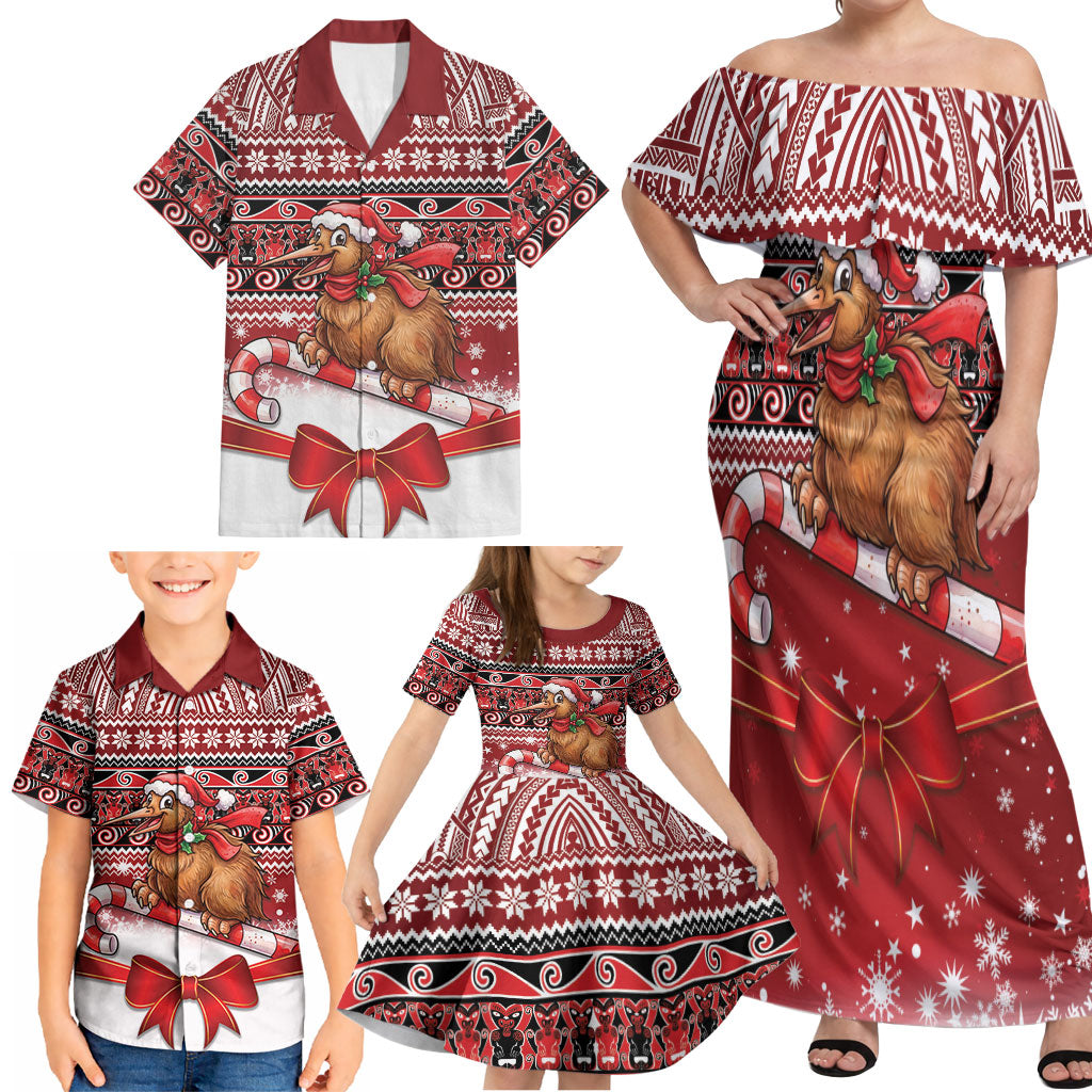 New Zealand Kiwi Bird Christmas Family Matching Off Shoulder Maxi Dress and Hawaiian Shirt Maori Inspired Knitted Patterns