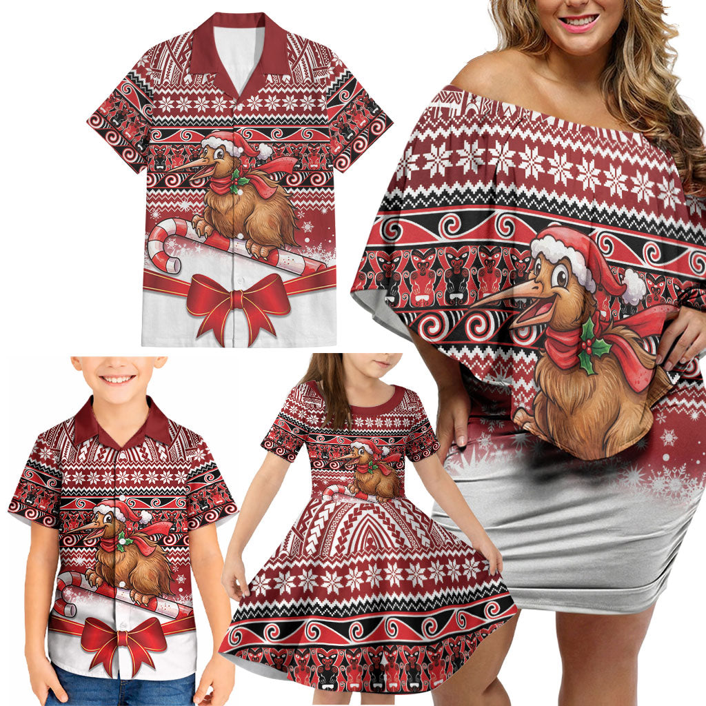 New Zealand Kiwi Bird Christmas Family Matching Off Shoulder Short Dress and Hawaiian Shirt Maori Inspired Knitted Patterns