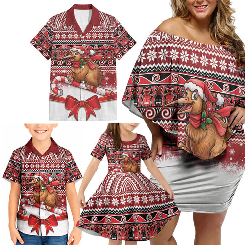 New Zealand Kiwi Bird Christmas Family Matching Off Shoulder Short Dress and Hawaiian Shirt Maori Inspired Knitted Patterns