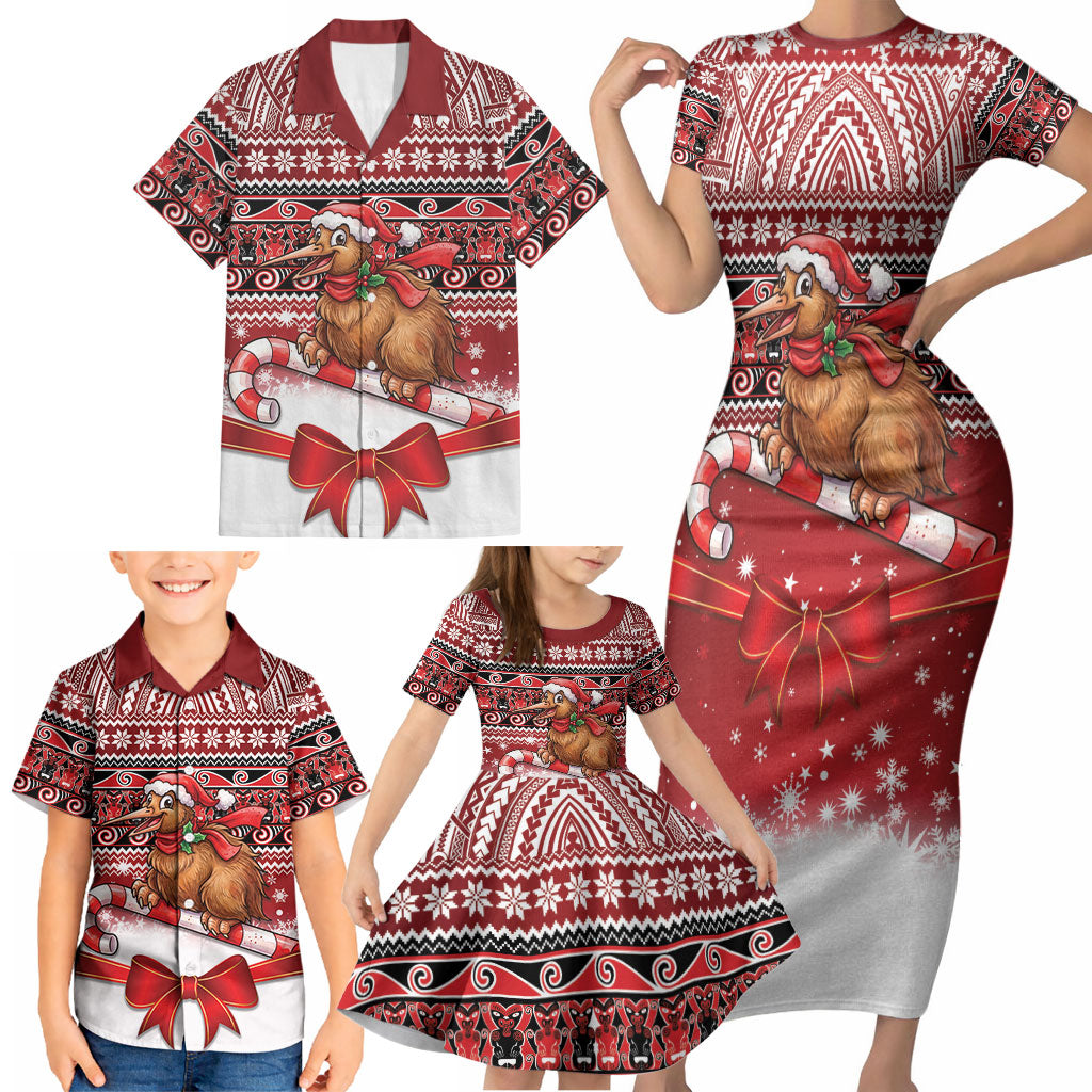New Zealand Kiwi Bird Christmas Family Matching Short Sleeve Bodycon Dress and Hawaiian Shirt Maori Inspired Knitted Patterns