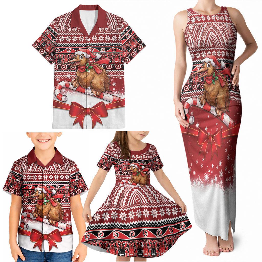 New Zealand Kiwi Bird Christmas Family Matching Tank Maxi Dress and Hawaiian Shirt Maori Inspired Knitted Patterns