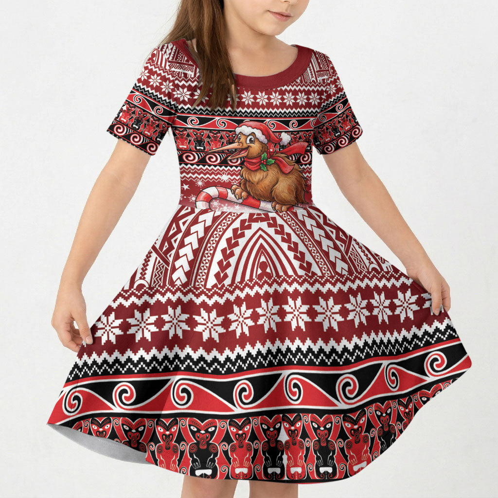 New Zealand Kiwi Bird Christmas Kid Short Sleeve Dress Maori Inspired Knitted Patterns