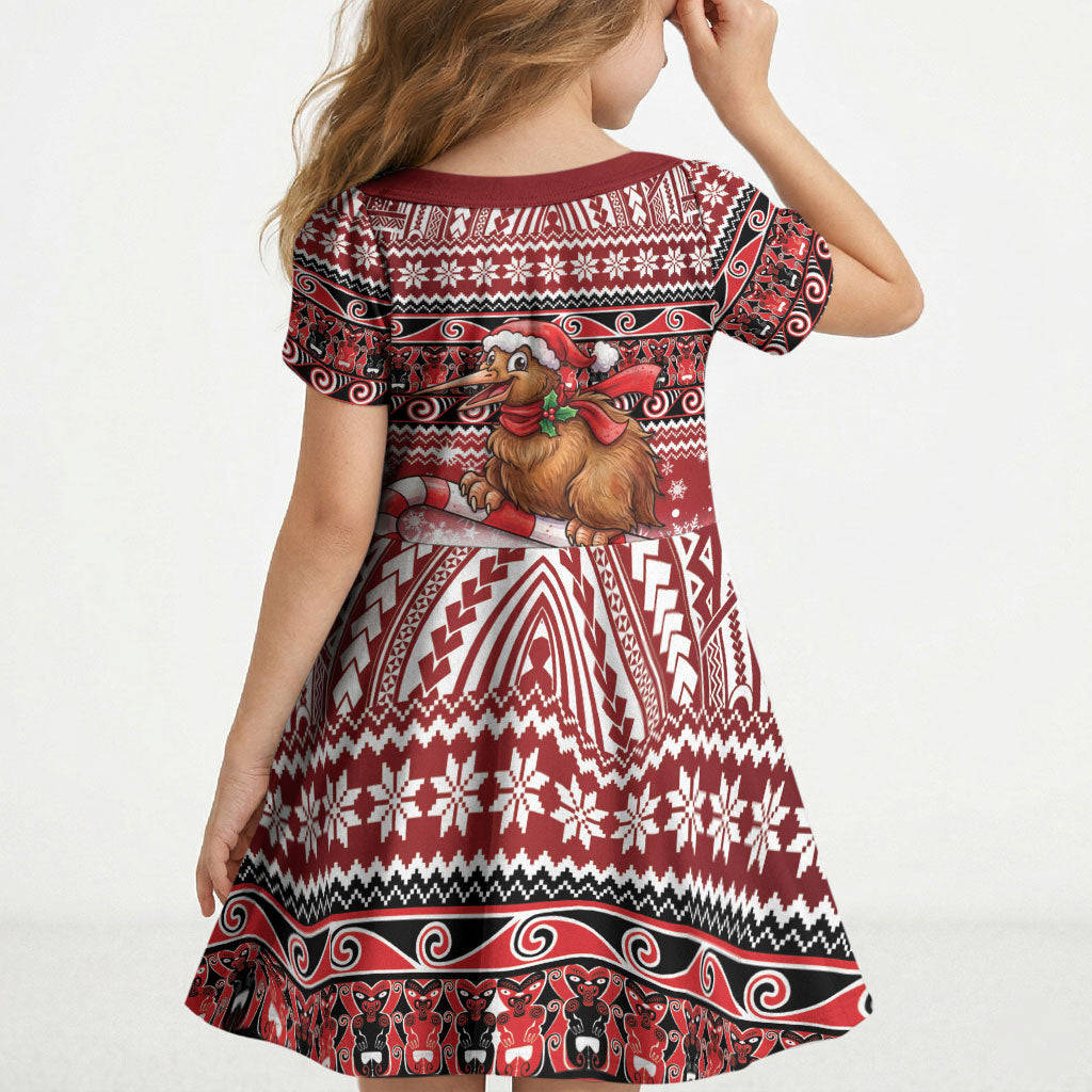 New Zealand Kiwi Bird Christmas Kid Short Sleeve Dress Maori Inspired Knitted Patterns
