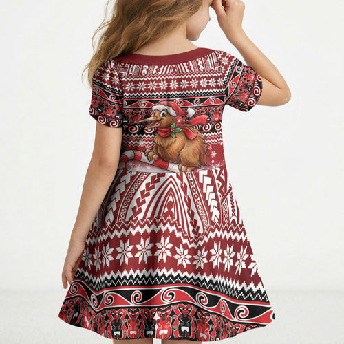 New Zealand Kiwi Bird Christmas Kid Short Sleeve Dress Maori Inspired Knitted Patterns