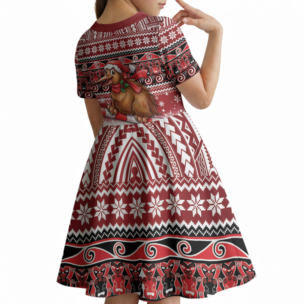 New Zealand Kiwi Bird Christmas Kid Short Sleeve Dress Maori Inspired Knitted Patterns
