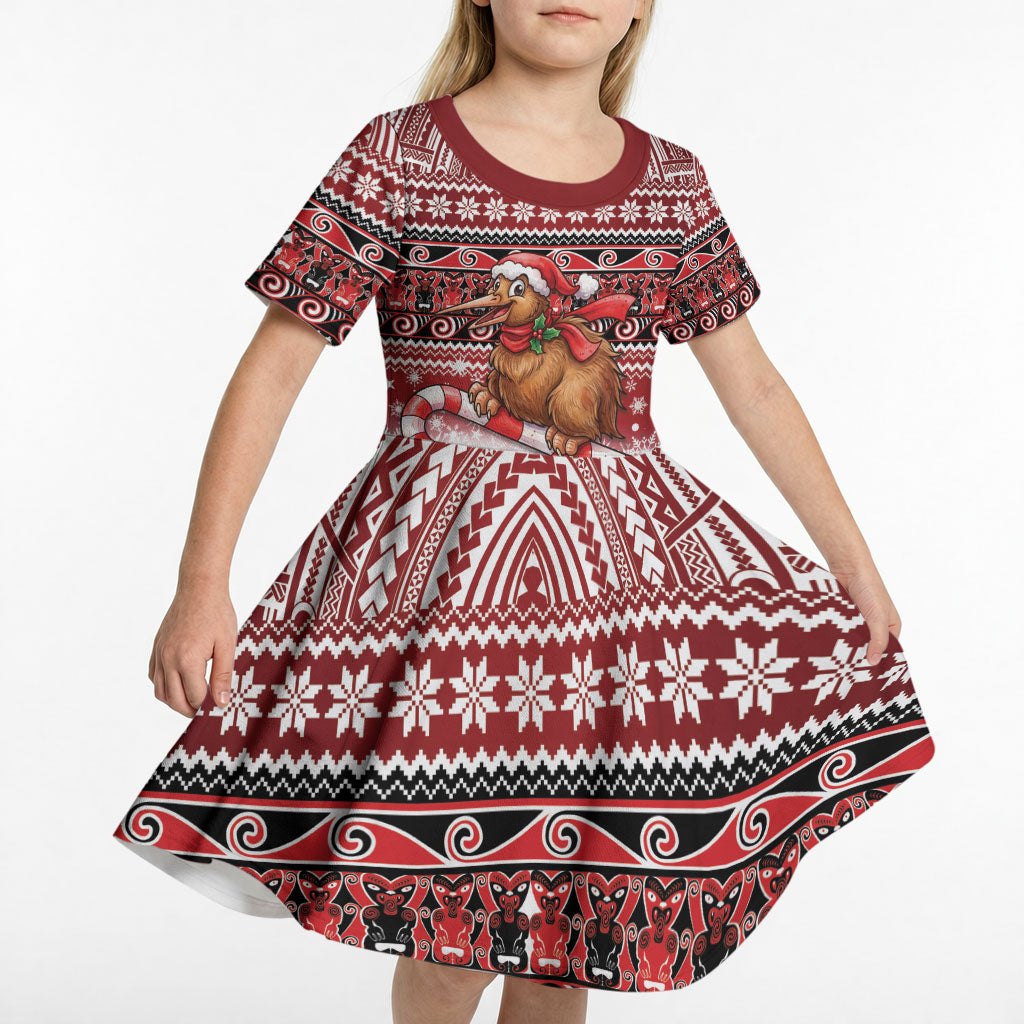 New Zealand Kiwi Bird Christmas Kid Short Sleeve Dress Maori Inspired Knitted Patterns
