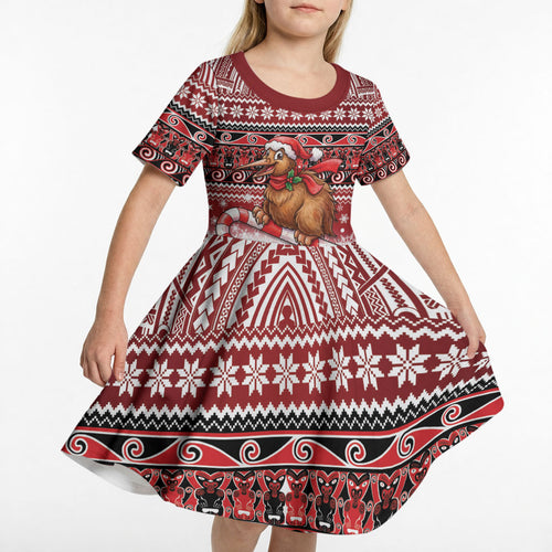 New Zealand Kiwi Bird Christmas Kid Short Sleeve Dress Maori Inspired Knitted Patterns