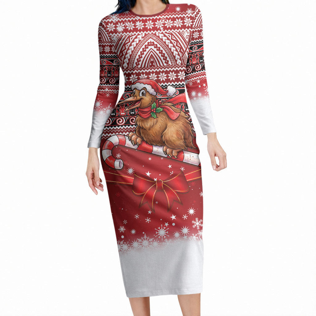New Zealand Kiwi Bird Christmas Long Sleeve Bodycon Dress Maori Inspired Knitted Patterns