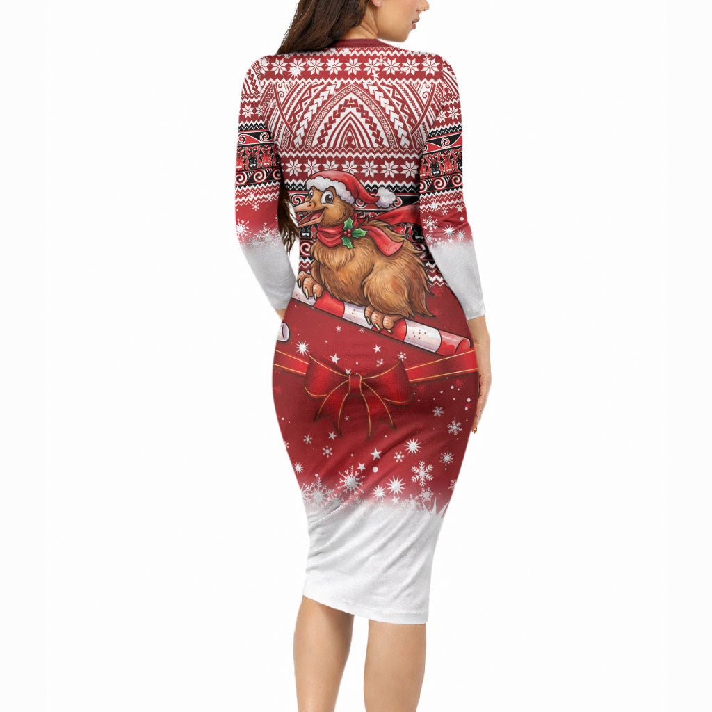 New Zealand Kiwi Bird Christmas Long Sleeve Bodycon Dress Maori Inspired Knitted Patterns