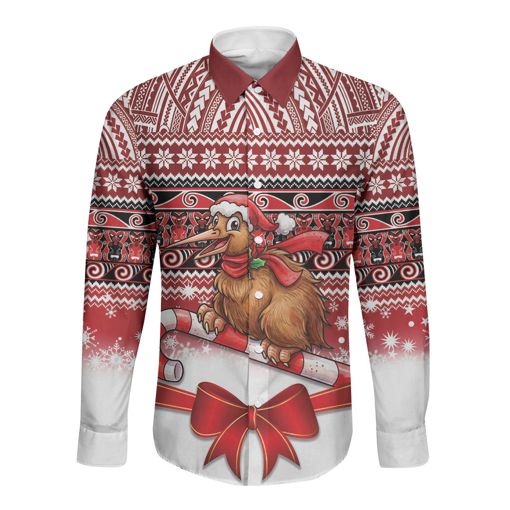 New Zealand Kiwi Bird Christmas Long Sleeve Button Shirt Maori Inspired Knitted Patterns