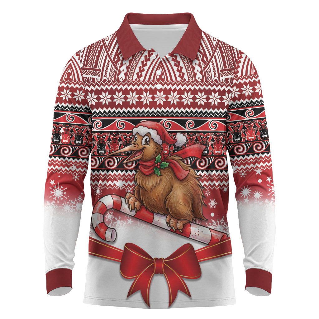 New Zealand Kiwi Bird Christmas Long Sleeve Polo Shirt Maori Inspired Knitted Patterns