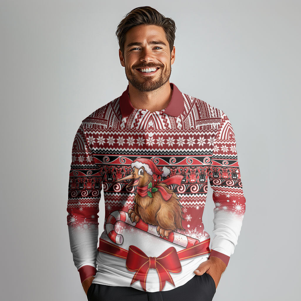 New Zealand Kiwi Bird Christmas Long Sleeve Polo Shirt Maori Inspired Knitted Patterns