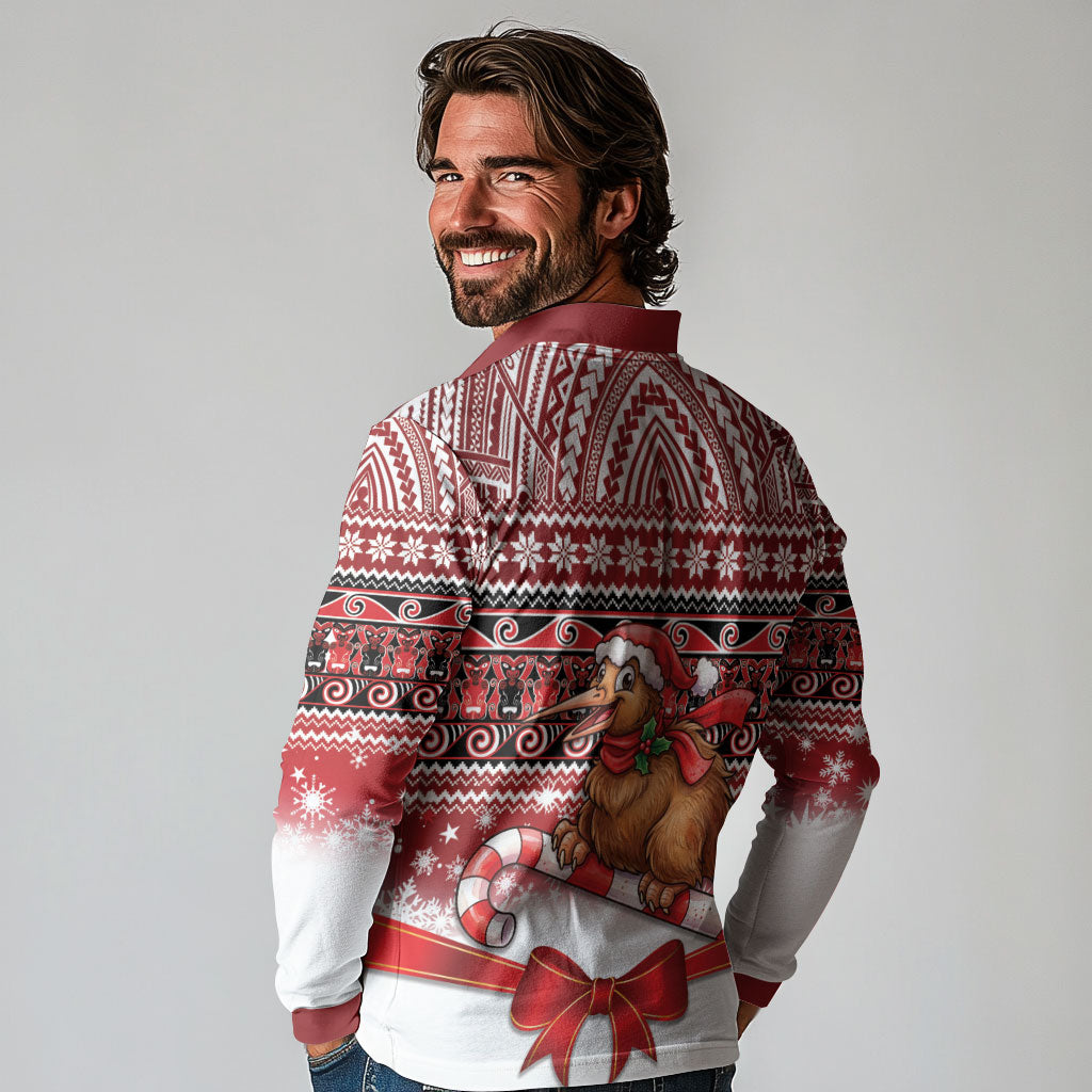 New Zealand Kiwi Bird Christmas Long Sleeve Polo Shirt Maori Inspired Knitted Patterns