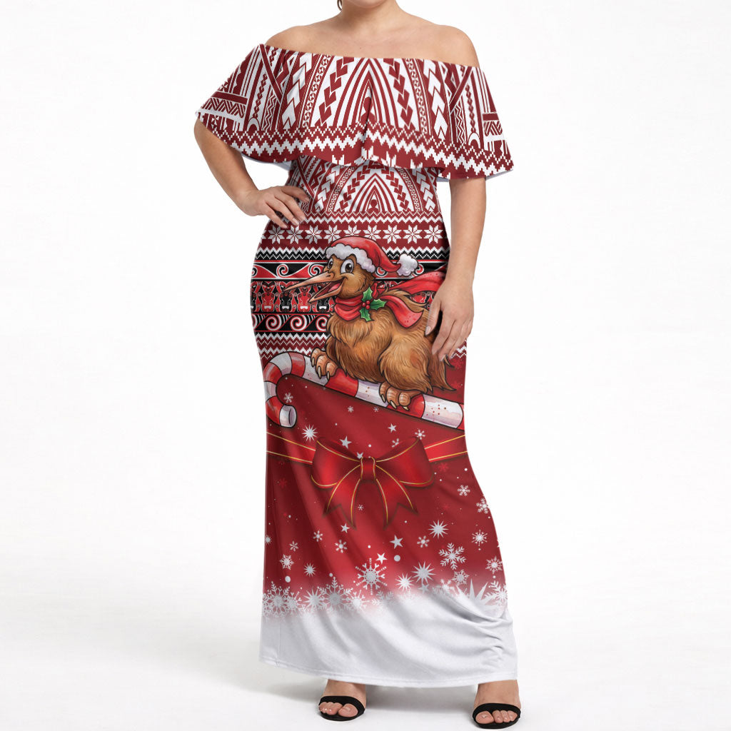 New Zealand Kiwi Bird Christmas Off Shoulder Maxi Dress Maori Inspired Knitted Patterns