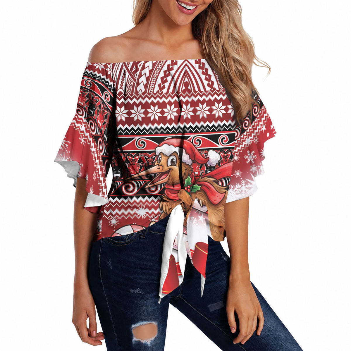 New Zealand Kiwi Bird Christmas Off Shoulder Wrap Waist Top Maori Inspired Knitted Patterns