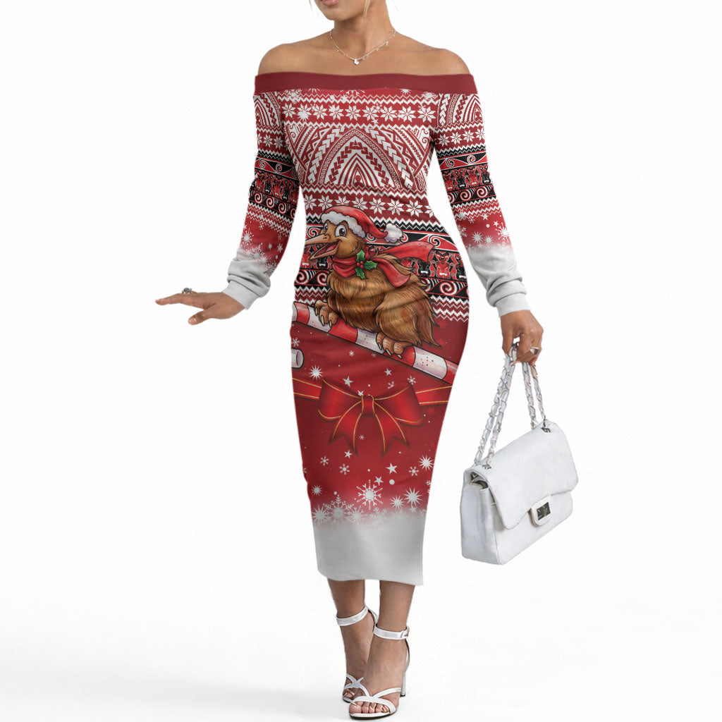 New Zealand Kiwi Bird Christmas Off The Shoulder Long Sleeve Dress Maori Inspired Knitted Patterns