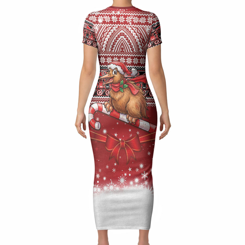 New Zealand Kiwi Bird Christmas Short Sleeve Bodycon Dress Maori Inspired Knitted Patterns