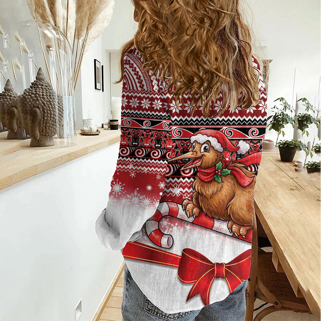 New Zealand Kiwi Bird Christmas Women Casual Shirt Maori Inspired Knitted Patterns
