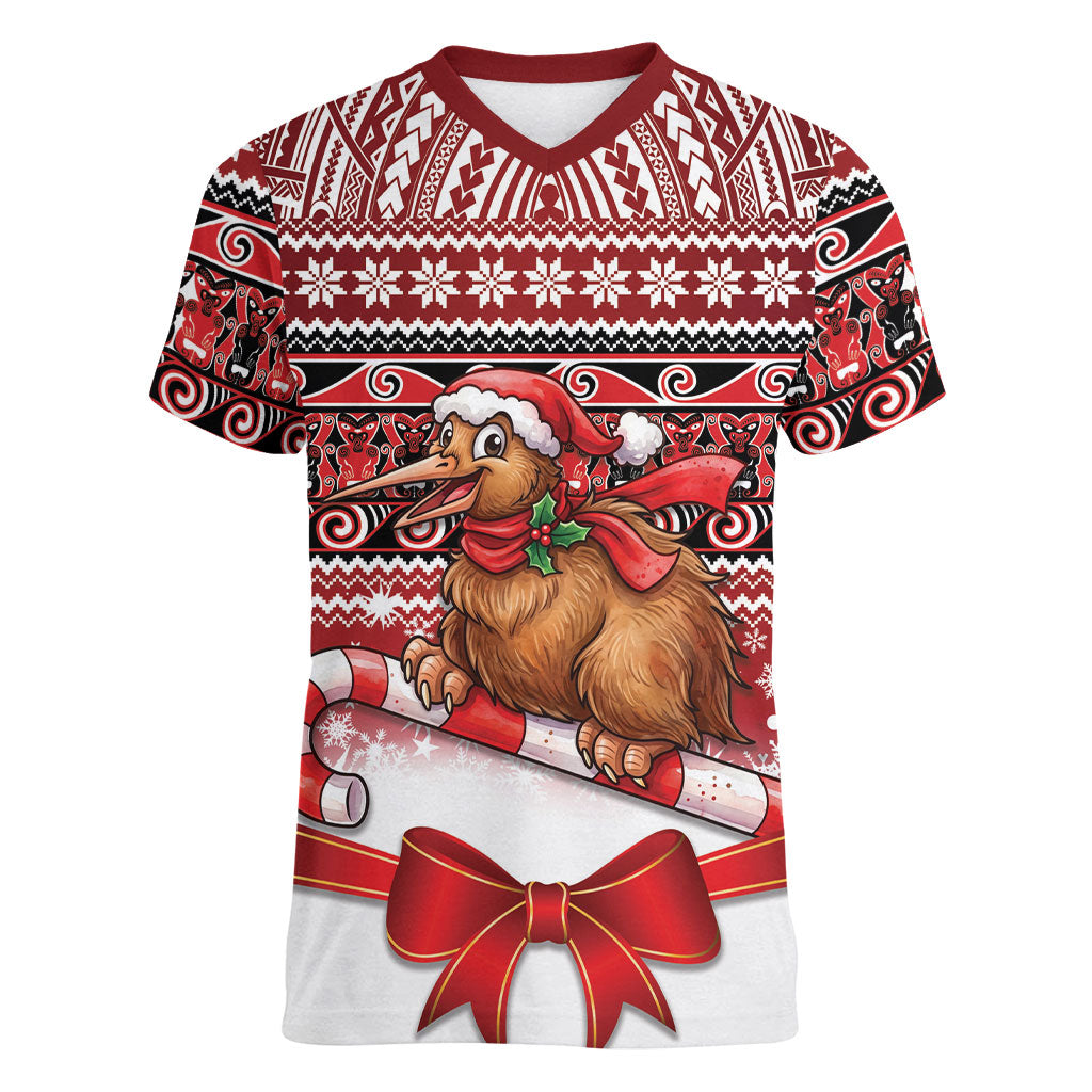 New Zealand Kiwi Bird Christmas Women V-Neck T-Shirt Maori Inspired Knitted Patterns