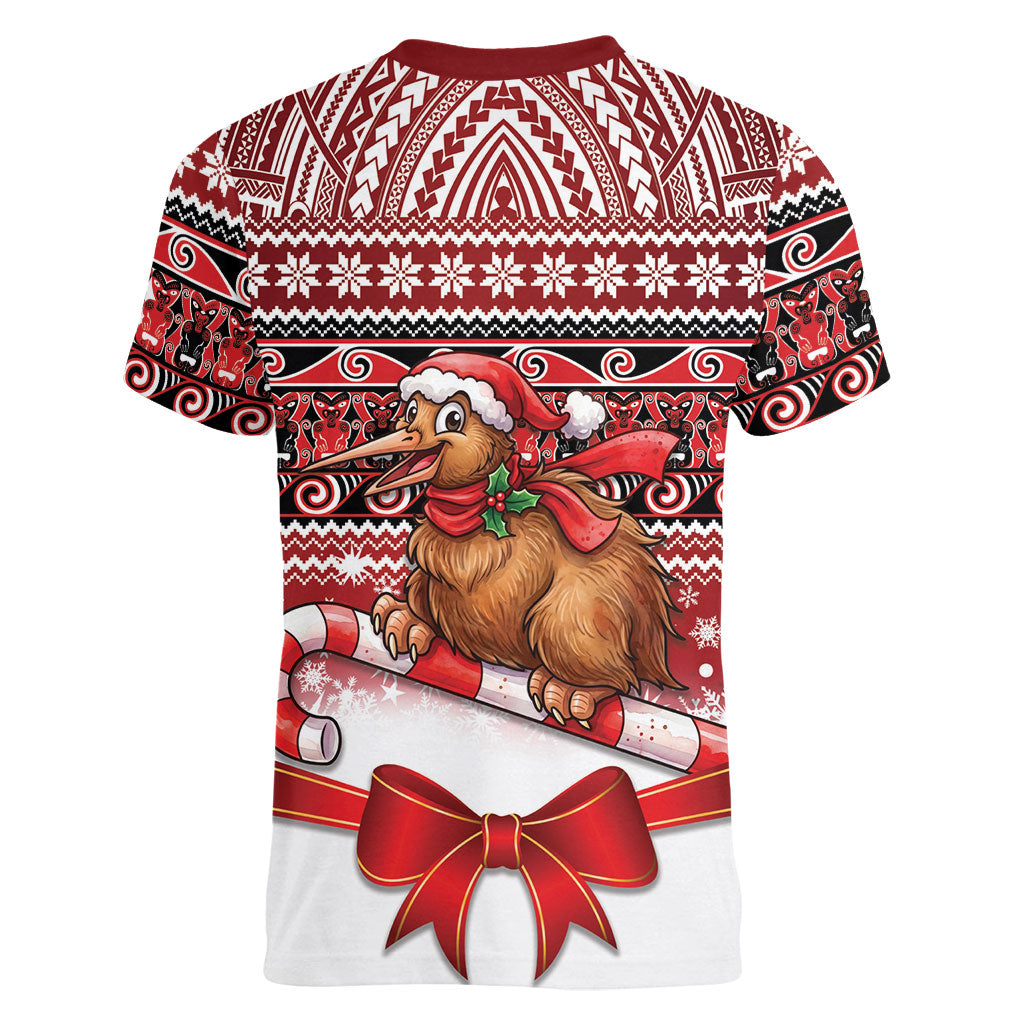 New Zealand Kiwi Bird Christmas Women V-Neck T-Shirt Maori Inspired Knitted Patterns