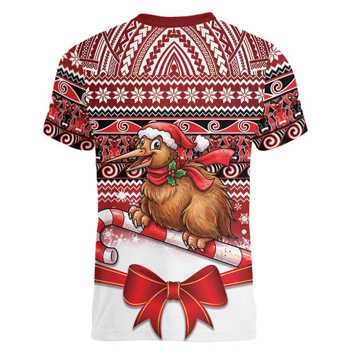 New Zealand Kiwi Bird Christmas Women V-Neck T-Shirt Maori Inspired Knitted Patterns