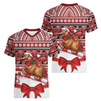 New Zealand Kiwi Bird Christmas Women V-Neck T-Shirt Maori Inspired Knitted Patterns