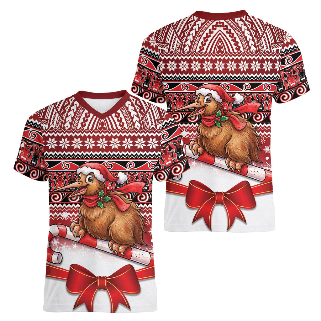 New Zealand Kiwi Bird Christmas Women V-Neck T-Shirt Maori Inspired Knitted Patterns