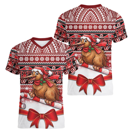 New Zealand Kiwi Bird Christmas Women V-Neck T-Shirt Maori Inspired Knitted Patterns