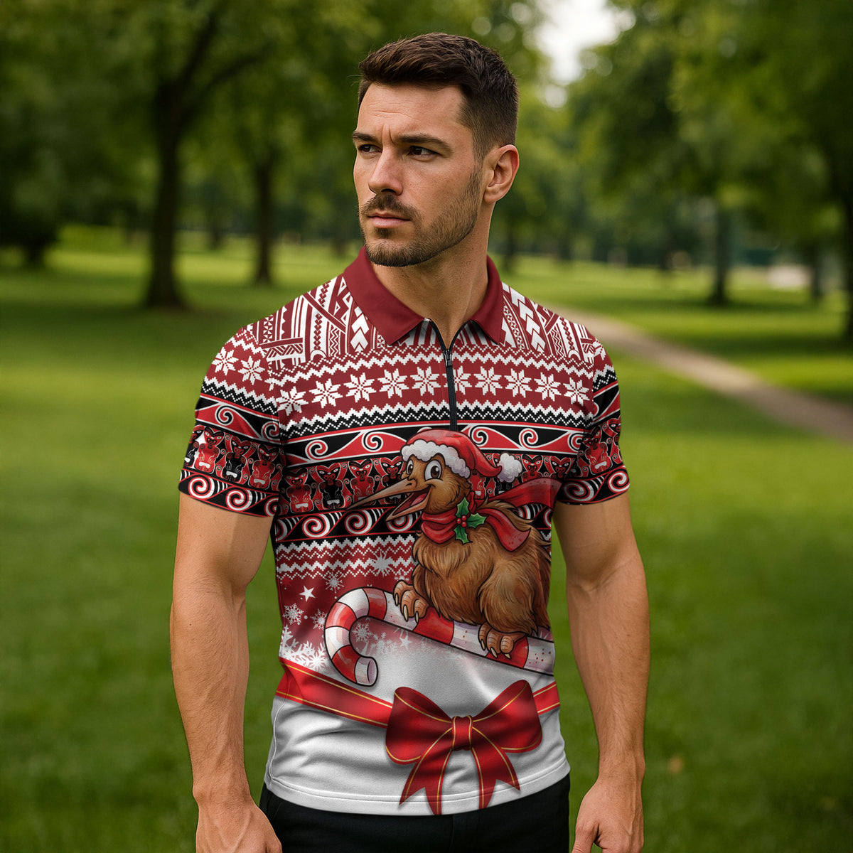 New Zealand Kiwi Bird Christmas Zipper Polo Shirt Maori Inspired Knitted Patterns