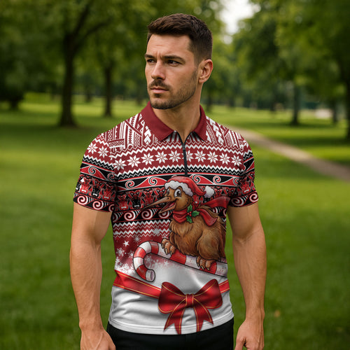 New Zealand Kiwi Bird Christmas Zipper Polo Shirt Maori Inspired Knitted Patterns