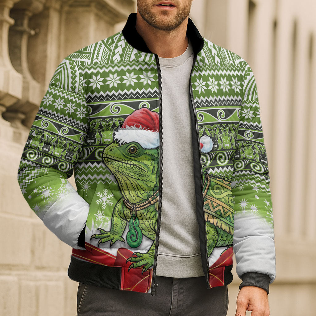 New Zealand Tuatara Christmas Bomber Puffer Jacket Maori Inspired Knitted Patterns
