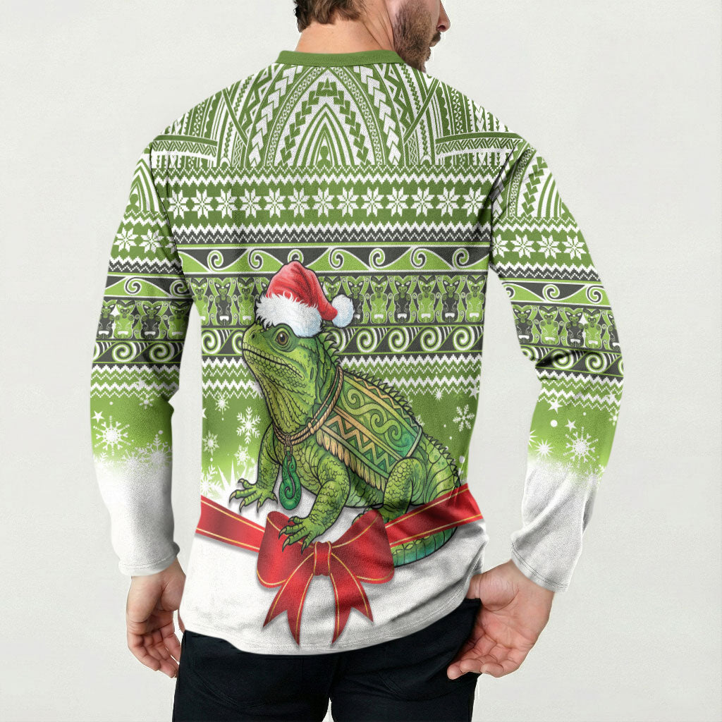 New Zealand Tuatara Christmas Button Sweatshirt Maori Inspired Knitted Patterns