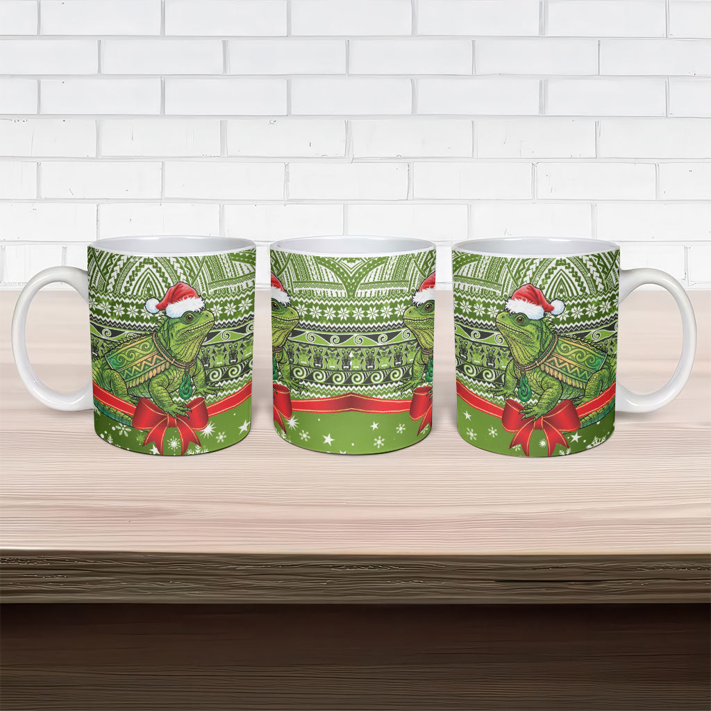New Zealand Tuatara Christmas Ceramic Mug Maori Inspired Knitted Patterns