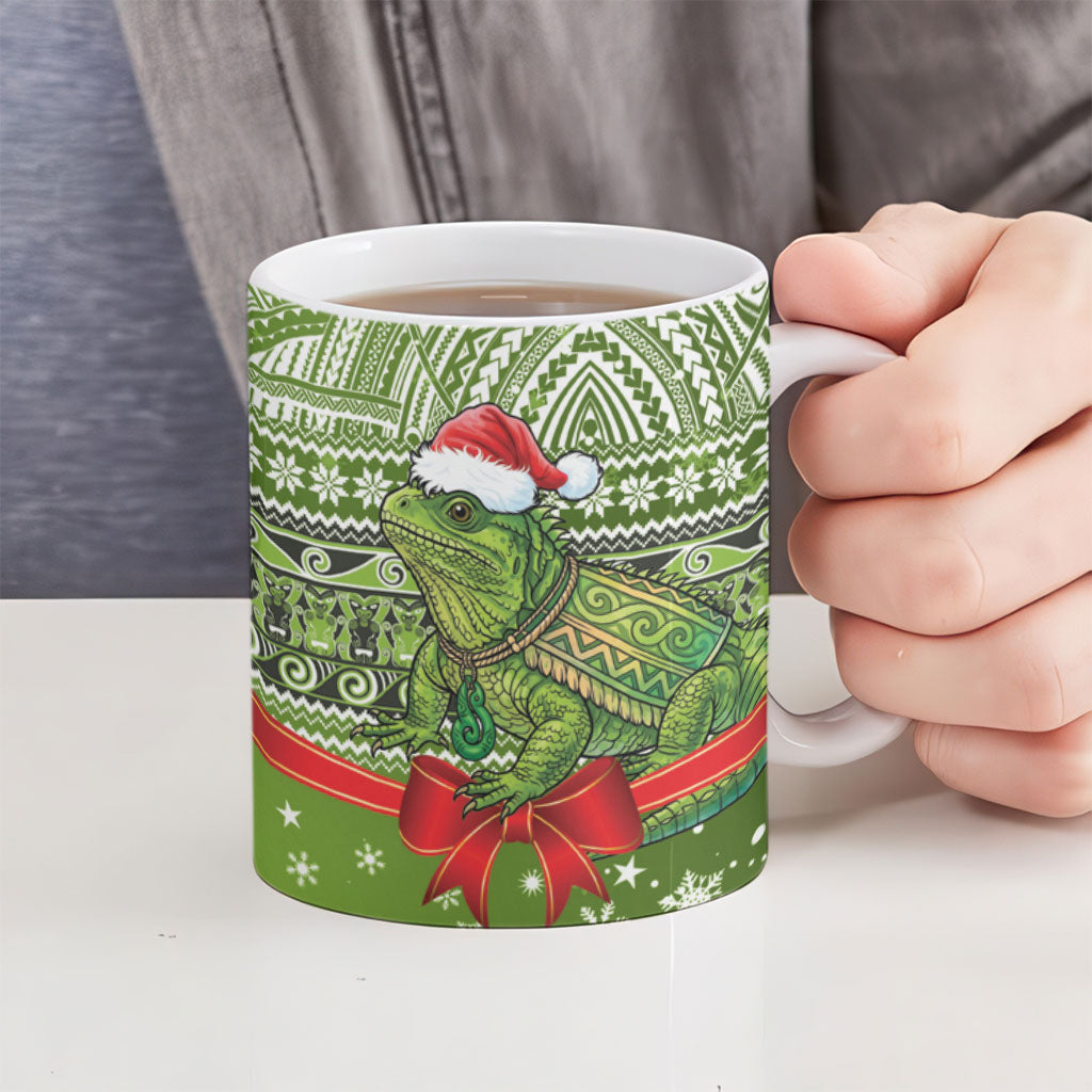 New Zealand Tuatara Christmas Ceramic Mug Maori Inspired Knitted Patterns